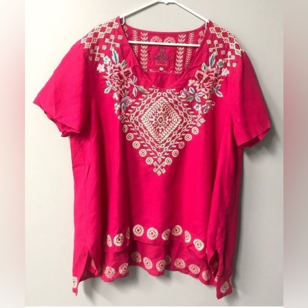 Johnny Was 100% Linen Cherry Pink Floral Embroidered Tunic Top in Size XL